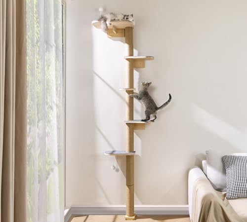 Floor to Ceiling Cat Tree for Kittens, 5-Tier Wall Mounted Cat Wall Shelves with Grey Felt Pads, Adjustable Wild Simulation Cat Tower, Natural Pine Wood Platforms for Climb, Scratch and Lookout