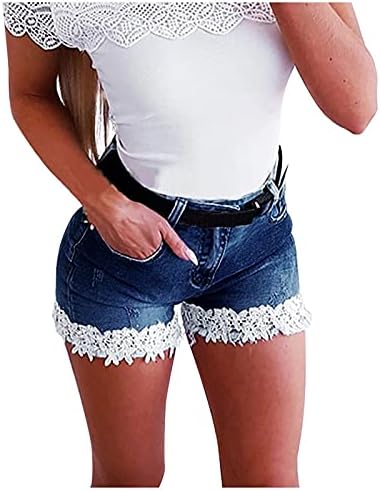 Lace Jean Shorts for Women Summer, Stretch Skinny Denim Short Pants Ripped Distressed Jeans with Pockets