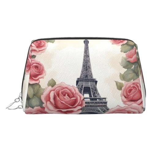 Gold Leather Makeup Bag â€“ Eiffel Tower Rose Flower Print Travel Cosmetic Bags with Handle, Divider, Zipper, Portable Personal Toiletries, Silver, One Size