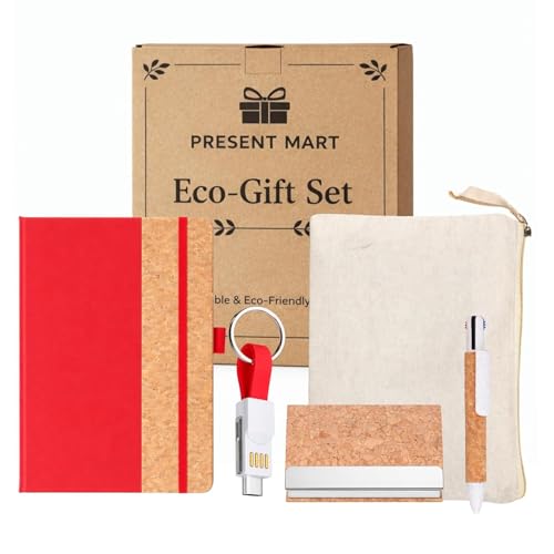Image of 4 in 1 Diary Gift Set | A5 Cork Notebook | Stainless Steel Visiting Card Holder | 3-in-1 Charging Cable | Cork Pen & Canvas Pouch | Premium Eco-Friendly Gift Set for Professionals & Corporate Gifting | Gift Set for Men and Women