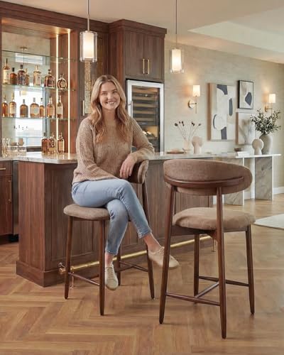 Image of Bar Stools Set of 3, 25.6″ Counter Height Bar Stools with Wood Legs, Upholstered Modern Kitchen Barstools for Kitchen Island Dining Room Bar, Camel