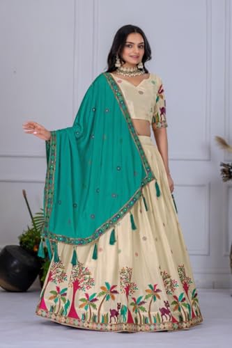 Image of Women Heavy Chinon Silk Stitched Lehenga Choli Set With Multicolor Embroidery And Dupatta Set