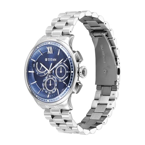 Image of Titan Classique Half Cut Chronograph Quartz Analog with Blue Dial Silver Stainless Steel Strap Watch for Men - 90218SM02