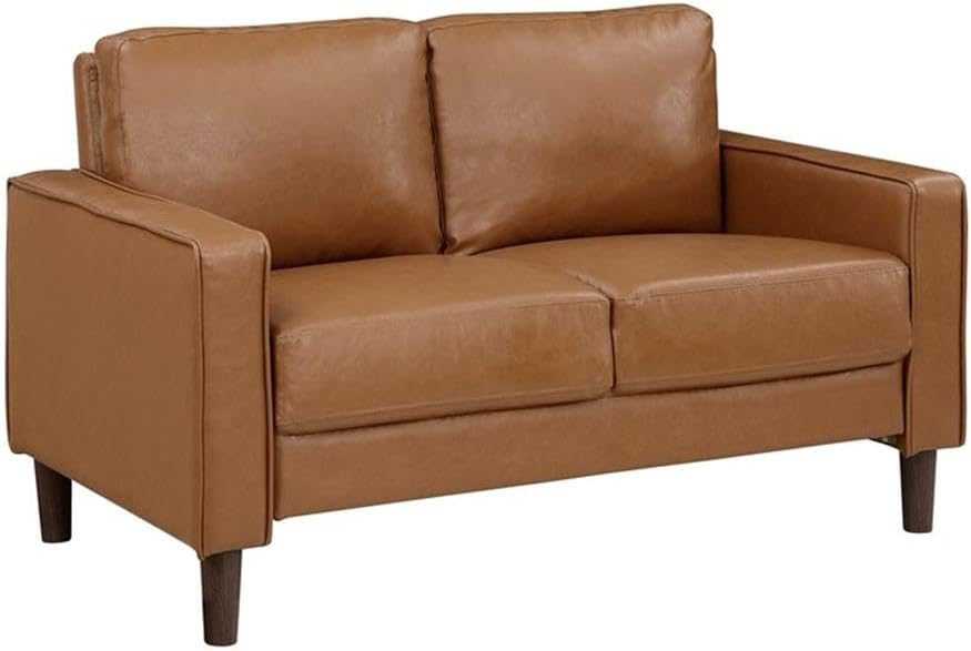 Pemberly Row 2-Piece Faux Leather Sofa Set, Brown Upholstery, Track Arms, Solid Wood Frame, Foam Padding, Pocket Coil Seats, Modern Living Room Furniture, Includes Sofa and Loveseat, Comfortable