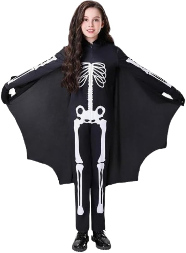 WANNA PARTY WP Kids Bat Skeleton Halloween Party Animal Costume Outfits Onesie For Halloween Costumes for Boys and Girls Hooded Cosplay Clothes Set.Age-7-9 years,Multicolour