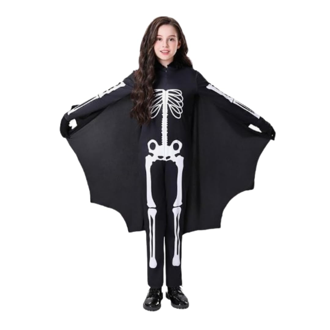 WP WANNA PARTY Kids Bat Skeleton Halloween Party Animal Costume Outfits Onesie For Halloween Costumes for Boys and Girls Hooded Cosplay Clothes Set.Age-7-9 years,Multicolour