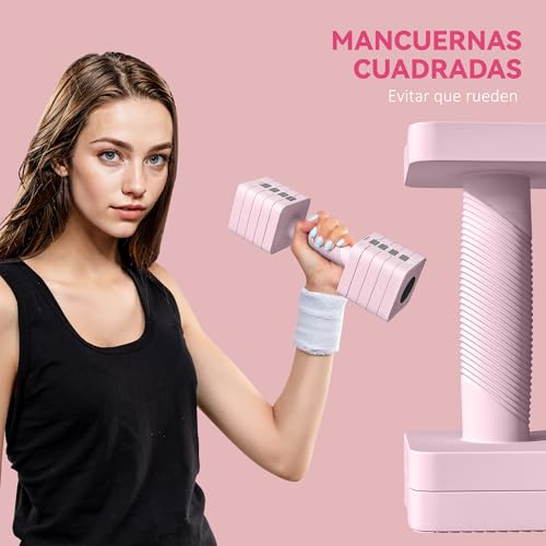 SPORTNOW Mancuernas Ajustables 10 kg Juego de Pesas con Mango Antideslizante y Diseño Cuadrado Juego de Mancuernas para Entrenamiento en Casa Gimnasio Oficina Rosa - imagen 4