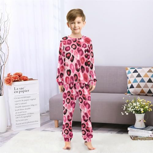 Pink Leopard Print Soft Pajama Set for All Seasons,Breathable Pjs Long Sleeve Sleepwear,Comfy Loungewear 2 Piece Underwear Set 5T4