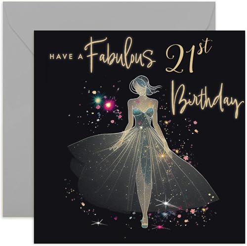 21st Birthday Cards for Girls - Age 21 Years Old Fabulous Birthday Card for Her - Gold Foil Glitter Silhouette Dress Design - Sparkle Birthday Card for Daughter, Granddaughter, Niece, Friend