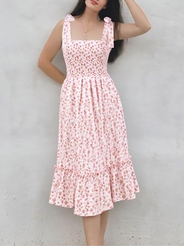 Image of Imily Bela Womens Summer Floral Maxi Dress Boho Tie Strap Sleeveless Smocked A Line Beach Sundress Long Dresses