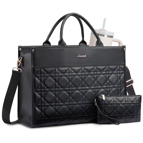 LOVEVOOK Laptop Tote Bag for Women with Large Cup Holder, 15.6 Inch PU Leather Work Bag Teacher Tote Bag, Waterproof Bag for School with Zipper, Computer Messenger Bags Business Office