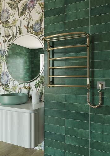 Elna - Radiador de toalla de acero inoxidable, 105 W, 605 x 530 mm, con estante, eléctrico, para hotel, Airbnb & Studio, Acero inoxidable, con termostato, temporizador y ecológico, IP44, montado en
