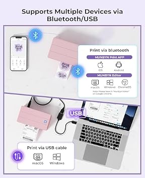 MUNBYN 130B Bluetooth Thermal Label Printer+2.25x1.25 Pink Thermal Labels+Label Holder for Rolls and Fanfold Labels