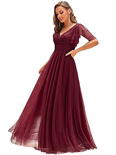 Design: questo abito da damigella d'onore ha un profondo scollo a V e maniche corte a doppia balza.Abiti da sera in tulle con paillettes, il completo è romantico ed elegante, adatto a ragazze giovani.È perfetto per la sera, feste, ballo di fine anno, ballo, matrimoni e qualsiasi evento formale
