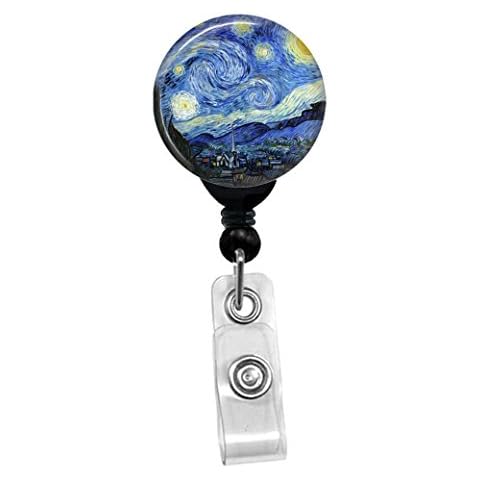 Vincent Van Gogh - The Starry Night -Retractable Badge Reel - ID Name Tag Custom Badge Holder (Black Badge Reel with Spring Pinch Clip) Cover