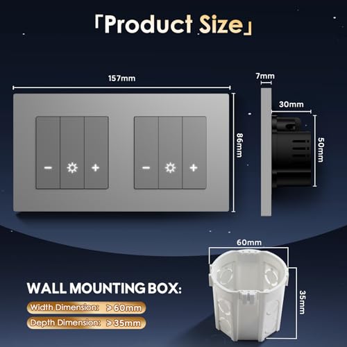 BSEED Doppel WiFi Dimmer Schalter,1 Fach 1 Weg Smart Dimmschalter,PC Rahmen,Kompatibel mit Amazon Alexa & Google Home,Lichtschalter Dimmbar f&uuml;r led lampen 240V Grau(Neutralleiter Erforderlich)