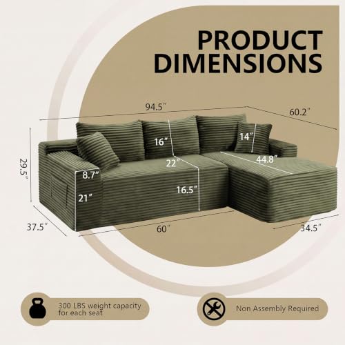 Image of 94.5 inch L Shaped Boneless Sectional Corduroy Couches for Living Room (Green)