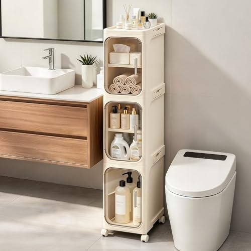 Image of 3-Tier Slim Narrow Bathroom Storage Cabinet, Cream White | Tool Free Assembly, Adjustable shelves, Fits for Narrow Spaces, Lockable Wheels, Magnetic Clear Door