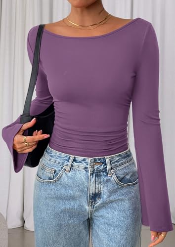 Image of PRETTYGARDEN Women Long Sleeve Shirt 2025 Crop Casual Boat Neck Bell Sleeve Ribbed Ruched Y2K Clothing
