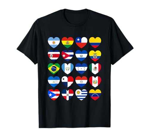 Mes Nacional de la Herencia Hispana Todos los países Banderas Corazones Camiseta