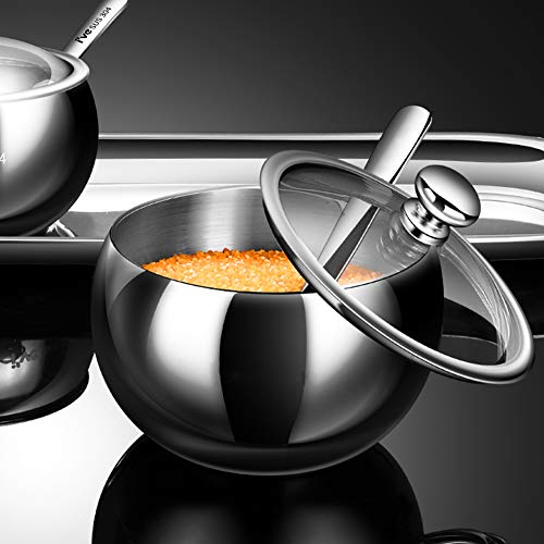 Zuccheriera, ciotole per zuccheriera, in acciaio inox, dispenser per sale e pepe in acciaio inox, include vetro da zucchero, coperchio in vetro e cucchiaio per organizer per bottiglie e contenitori - immagine 6