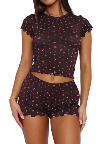 Image of Lacozy Cute Pajamas for Women Set 2 Piece Short Sleeve Pjs Floral Graphic Crop Top Y2K Summer Sleepwear Lounge Set