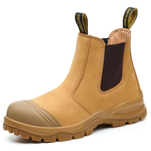 Epochsaga Chelsea Botas de seguridad para hombre Botas con puntera de acero para el trabajo Botas a prueba de pinchazos (Tan, Adulto, Hombre, 42, Números, Sistema tallas calzado EU, mediano)