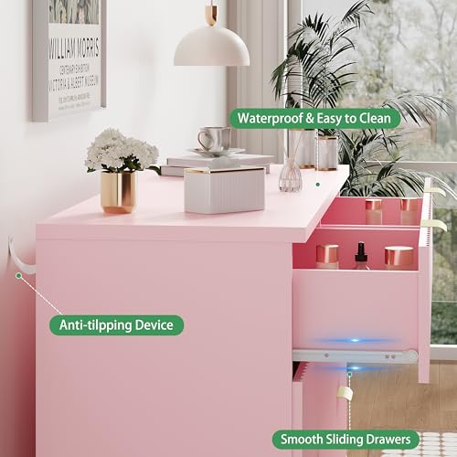 Image of Fluted Dresser for Bedroom with 6 Drawers, 48 inch Wide Modern Chest of Drawers with Metal Handle, Wooden Dresser TV Stand, Wood Closet Clothes Storage Drawer Organizer for Living Room, Hallway, Pink