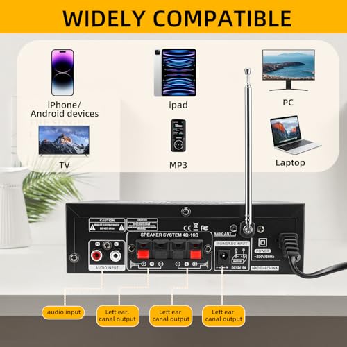 Mini Bluetooth Amplificador Audio, 600W HiFi de 2.0 Canales Audio Stereo Music Reproductor, SD Card/USB Input/FM Radio, para PC, TV, Amplificador Coche, casa Altavoz, subwoofer BT 12v 220V (600W) - imagen 5