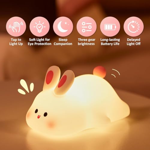 Image of Priyana Rabbit Night Light for Kids, Cute Silicone Bunny Lamp with 3 Brightness Modes, Rechargeable Baby Night Lamp, Soft LED Bedside Light for Nursery, Bedroom, Gift Decoration