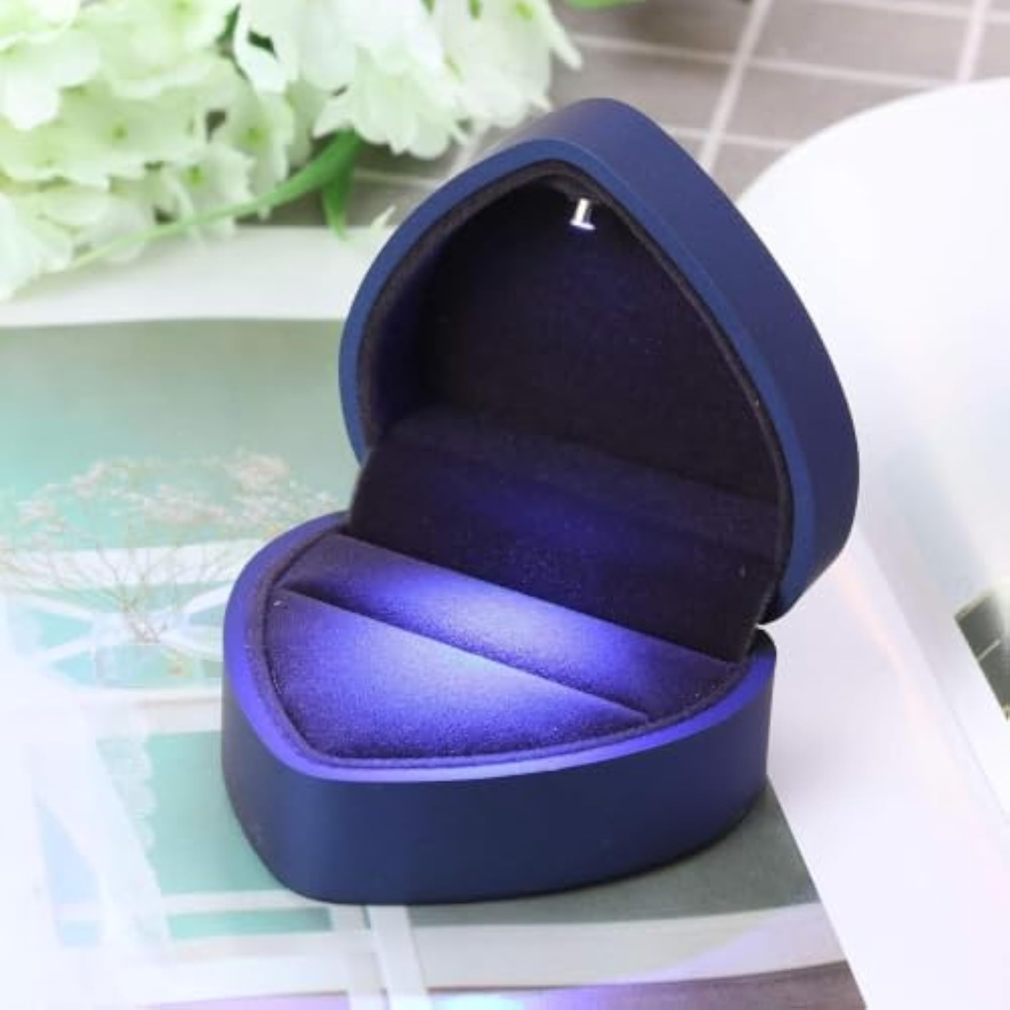 Heart Shaped Velvet Ring Box with LED Light, Romantic Gift