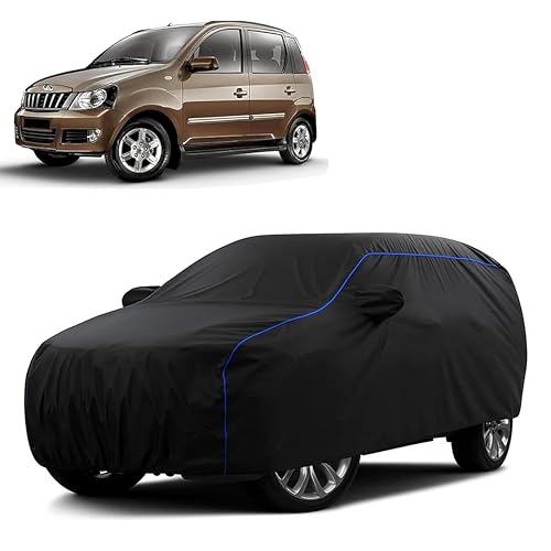 Image of Sulfar 100% Water Resistant Car Body Cover Compatible with Mirror for Mahindra Quanto (Triple Stitched, Full Bottom Elastic, Black Tafetta with Blue Piping)
