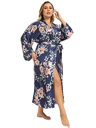 Image of Women's Floral Long Satin Robes Plus Size Long Silk Robes Peacock Floral Kimonos Sleepwear Dressing Gown