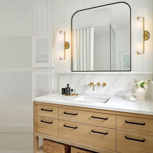 Image of Modern Gold Wall Sconce 2-Lights Mid Century Bathroom Vanity Wall Light Frosted White Acrylic Glass Shade Industrial Pole Wall Mount Lighting Fixture