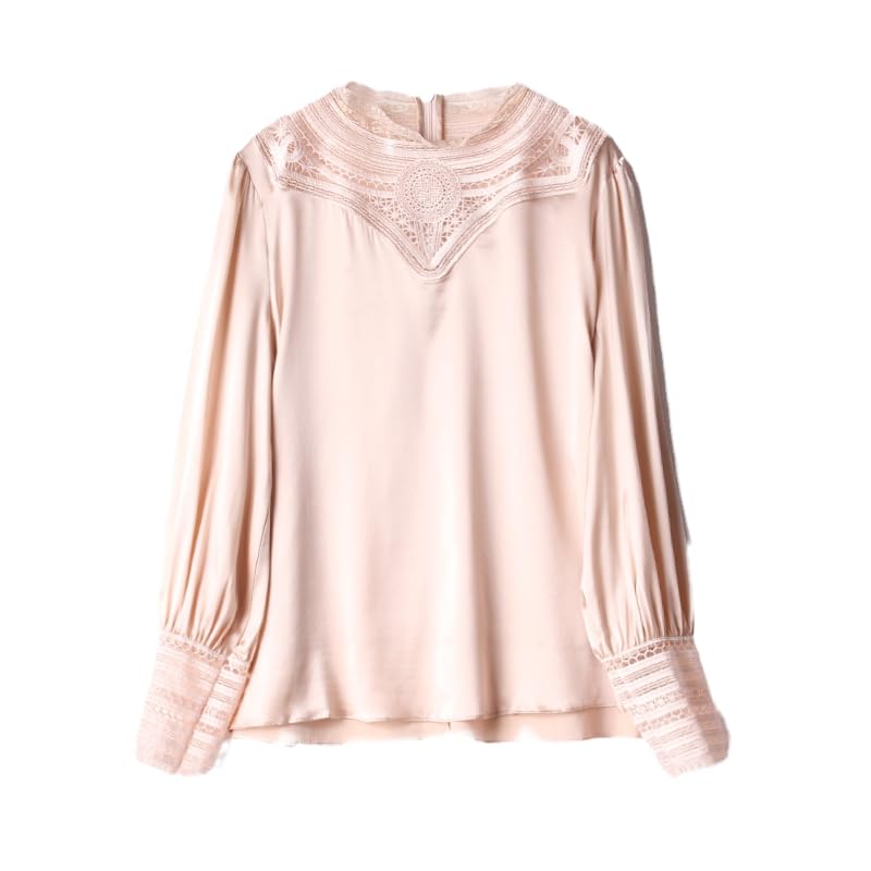 Chemisier en Satin de Soie Unie pour Femme, Manches Longues, Dentelle, col Rond, Chemise de Bureau, Chemise de Printemps (Rose M)