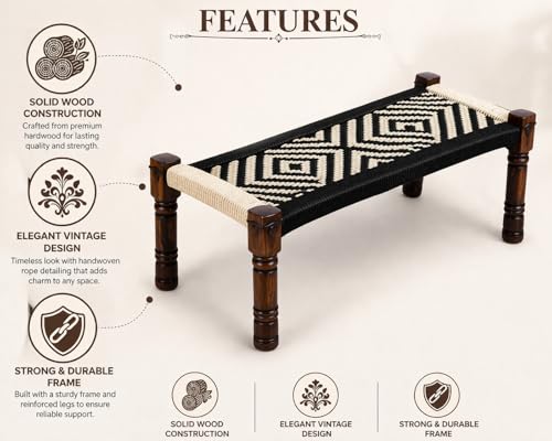 Image of Handwoven Wooden Bench | Traditional Rope Charpai Stool | Solid Wood Frame Seating for Living Room, Balcony & Outdoor | Durable & Stylish Design (Black and White)