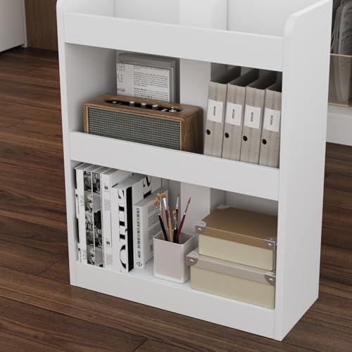 MOUMON L Shaped Standing Desk with Drawers and Shelves, Executive Adjustable Height Desk, L-Shaped Design, 63 inch Tabletop, for Office Oak and White (63”W x 63”D x 28.9-45.3”H)