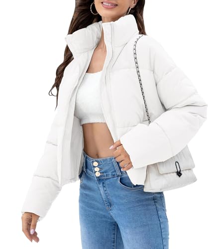 WHN Women' s Cropped Quilted Puffer Jacket Outerwear Coats Winter Warm Long Sleeve Stand Collar Zipper Padded Jacket with Drawstring and Pockets White S