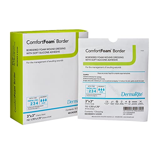 DermaRite's ComfortFoam Border, Foam Wound Dressing - Flexible and Soft Silicone, Self Adhesive, No Natural Rubber Latex - 3 in. x 3 in., 1 Count, 10 Packs, 10 Total