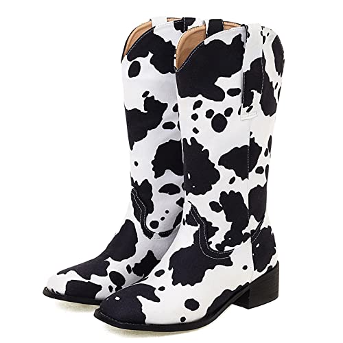 Image of Cozivwaiy Women Mid Calf Cowboy Boots Chunky Heel Half Boot Cow Print Western Boots Plus size (US 4-12.5)