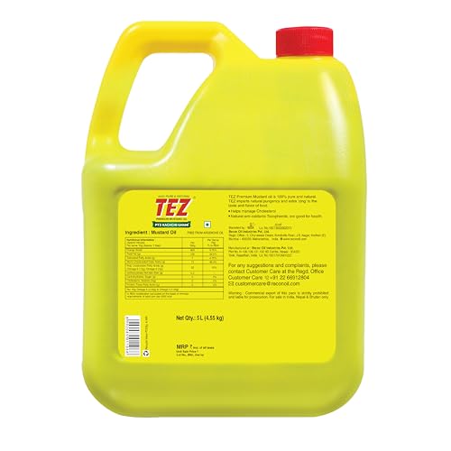 Image of Tez Mustard Oil for Cooking 5L Can | PT3 Kachchi Ghani Sarson Ka Tel | 100% Pure & Natural Oil | Promotes Gut Health with Antibacterial & Antifungal Benefits | Supports Good Health (Pack of 3)