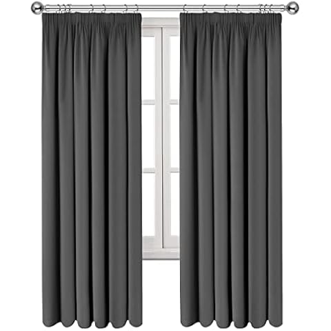 Imperial Rooms Blackout Curtains for Living Room - Pencil Pleat Grey Bedroom Curtains 90x90 Drop Window Treatments Super Soft Thermal Black Out Curtain Pair Panels with Tie Backs (228cm x 228cm) Cover
