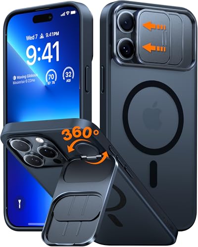 TORRAS for iPhone 16 Pro Max Case with Slide Camera Cover & Rotatable Kickstand, Magnetic Shockproof, Military Grade Drop Protection, Fit for MagSafe, Anti-Scratch Anti-Fingerprint, Translucent Black