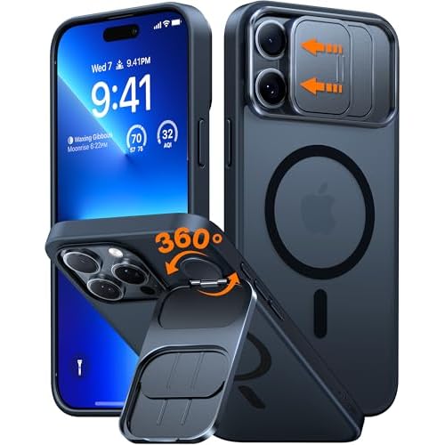 TORRAS for iPhone 16 Pro Max Case with Slide Camera Cover & Rotatable Kickstand, Magnetic Shockproof, Military Grade Drop Protection, Fit for MagSafe, Anti-Scratch Anti-Fingerprint, Transluc