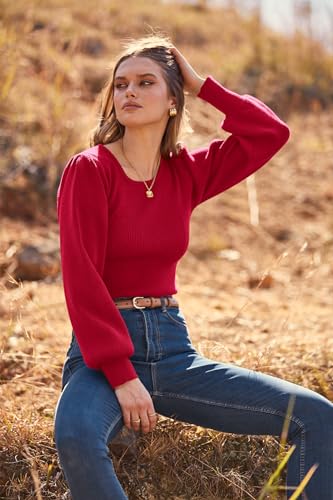 Image of MASCOMODA Womens Puff Long Sleeve Ribbed Sweater Bodysuits | Fall Winter Outfits 2026, Crewneck Knitted Bodysuit Dressy Casual, Cute Slim Fit Pullover Tops, Work, Date, Dress Up & Down