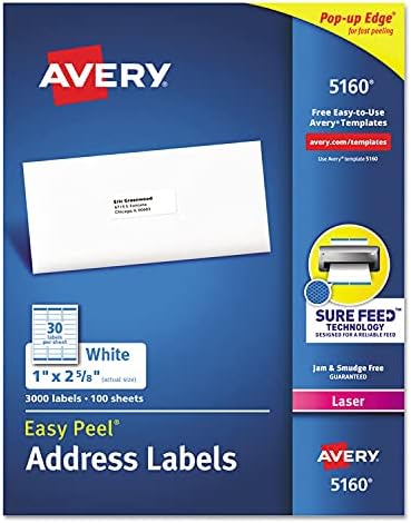 Avery Easy Peel White Address Labels w/Sure Feed Technology, Laser Printers, 1 x 2.63, White, 30/Sheet, 100 Sheets/Box