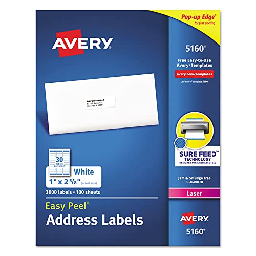 Avery Easy Peel White Address Labels w/Sure Feed Technology, Laser Printers, 1 x 2.63, White, 30/Sheet, 100 Sheets/Box