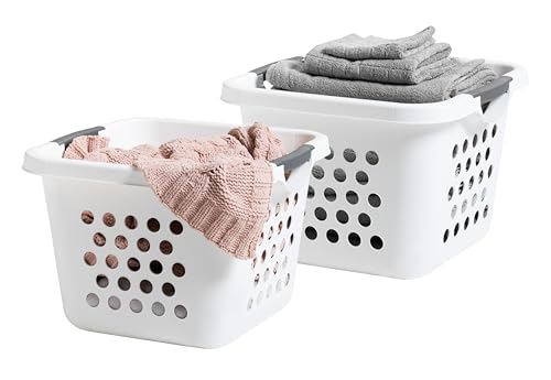 Image of IRIS USA 30L Plastic Laundry Basket Hamper Organizer with Built-In Comfort Carry Handles, 2 Pack, Clothes Hamper, Laundry Hamper for Dorm Laundry Room Bedroom, Nestable, Ventilation Holes, White