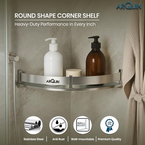 Image of ARQUIN Bathroom Corner Shelf for Bathroom 9x9 Inch | Wall Mount Corner Stand Shelf |Storage Organiser Shelf 304 Stainless Steel Rack Corner Wall Shelf Mounted Fittings Corner Shelves