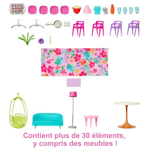 Barbie Coffret La Maison de Vacances (107 cm) à 2 Niveaux, avec 6 pièces, 1 Fauteuil Suspendu Servant d’Ascenseur et Plus de 30 Accessoires, Jouet Enfant, Dès 3 Ans, HCD50 – Image 6